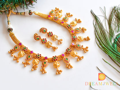 Gold tone Ruby-emerald Mango necklace With Screw Back Earrings dj-10020