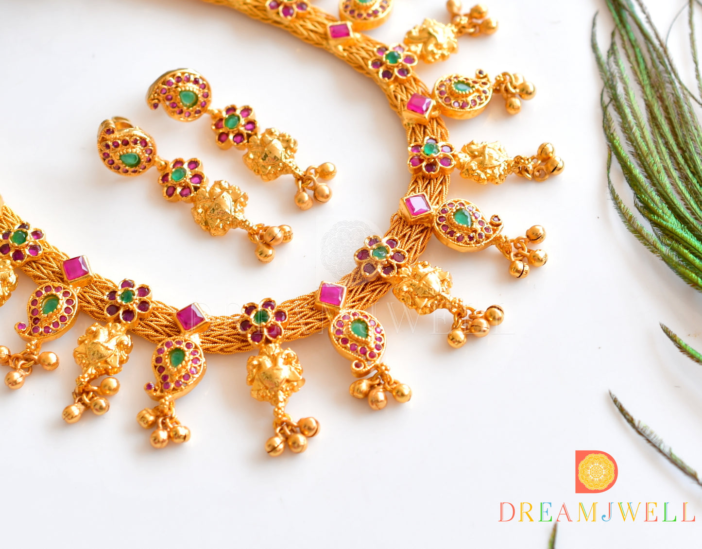 Gold tone Ruby-emerald Mango necklace With Screw Back Earrings dj-10020