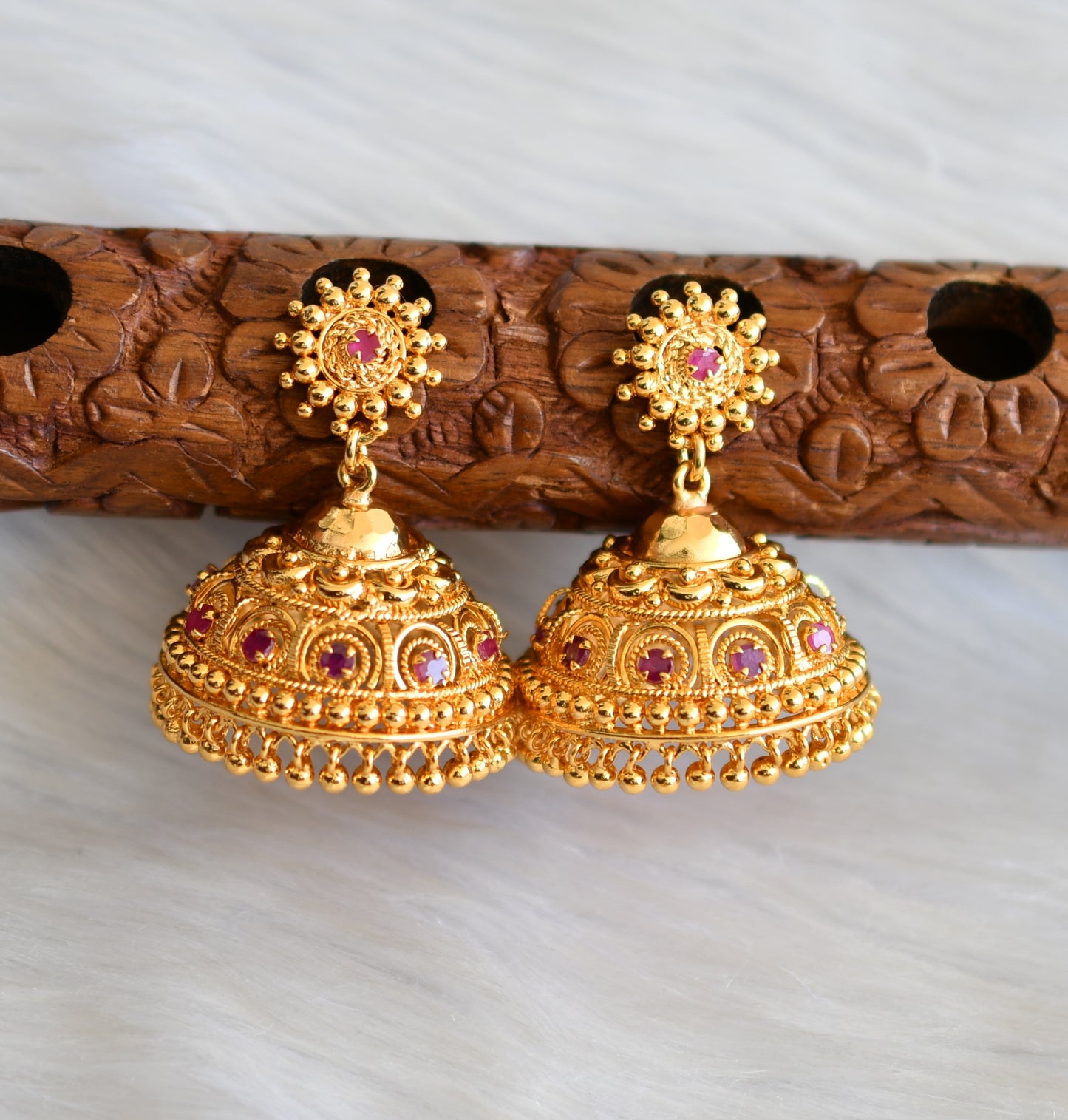 Gold tone pink stone Kerala style jhumkka dj-40829