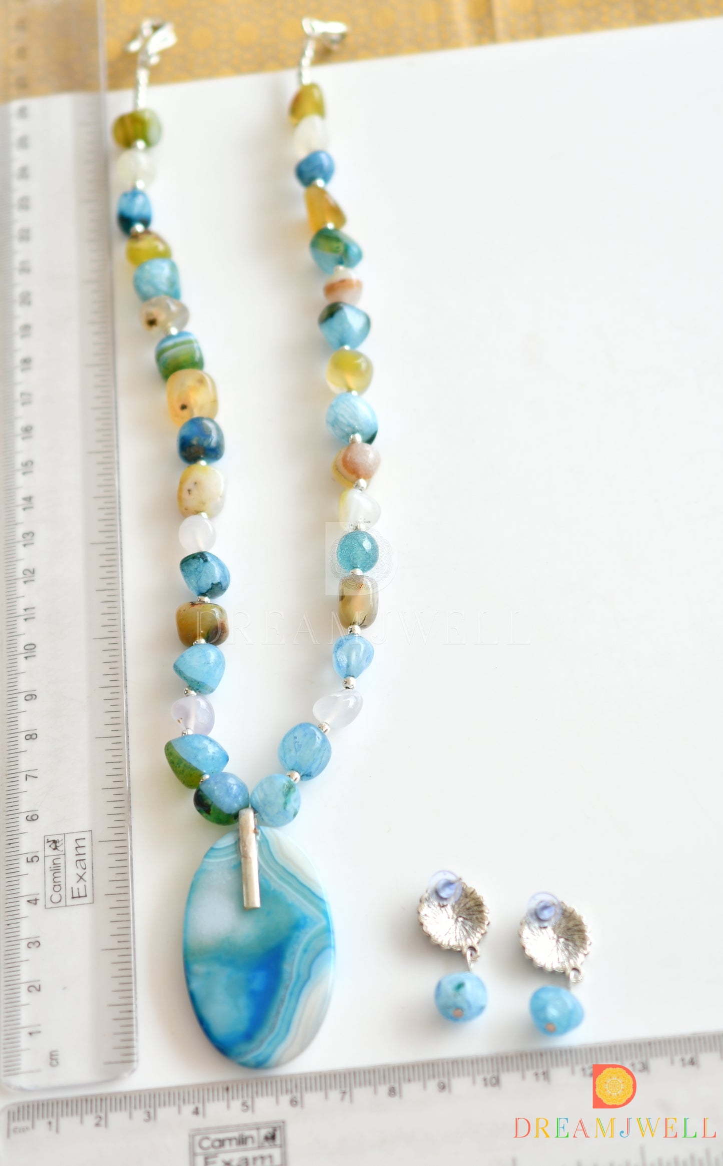 Silver tone sliced agate pendant with skyblue-green onyx beads necklace set dj-37170