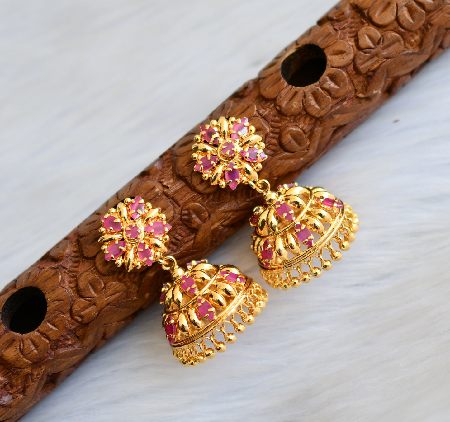 Gold tone pink Kerala style jhumkka dj-40832