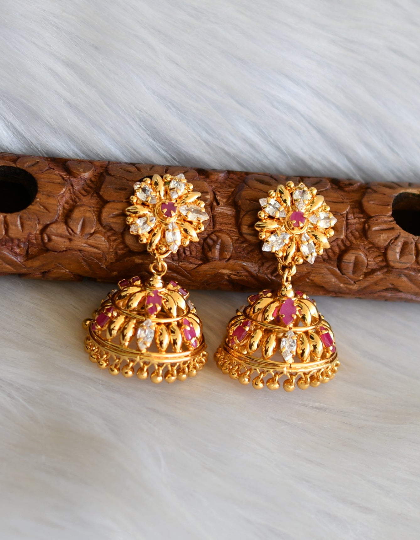 Gold tone ruby-white Kerala style jhumkka dj-40833