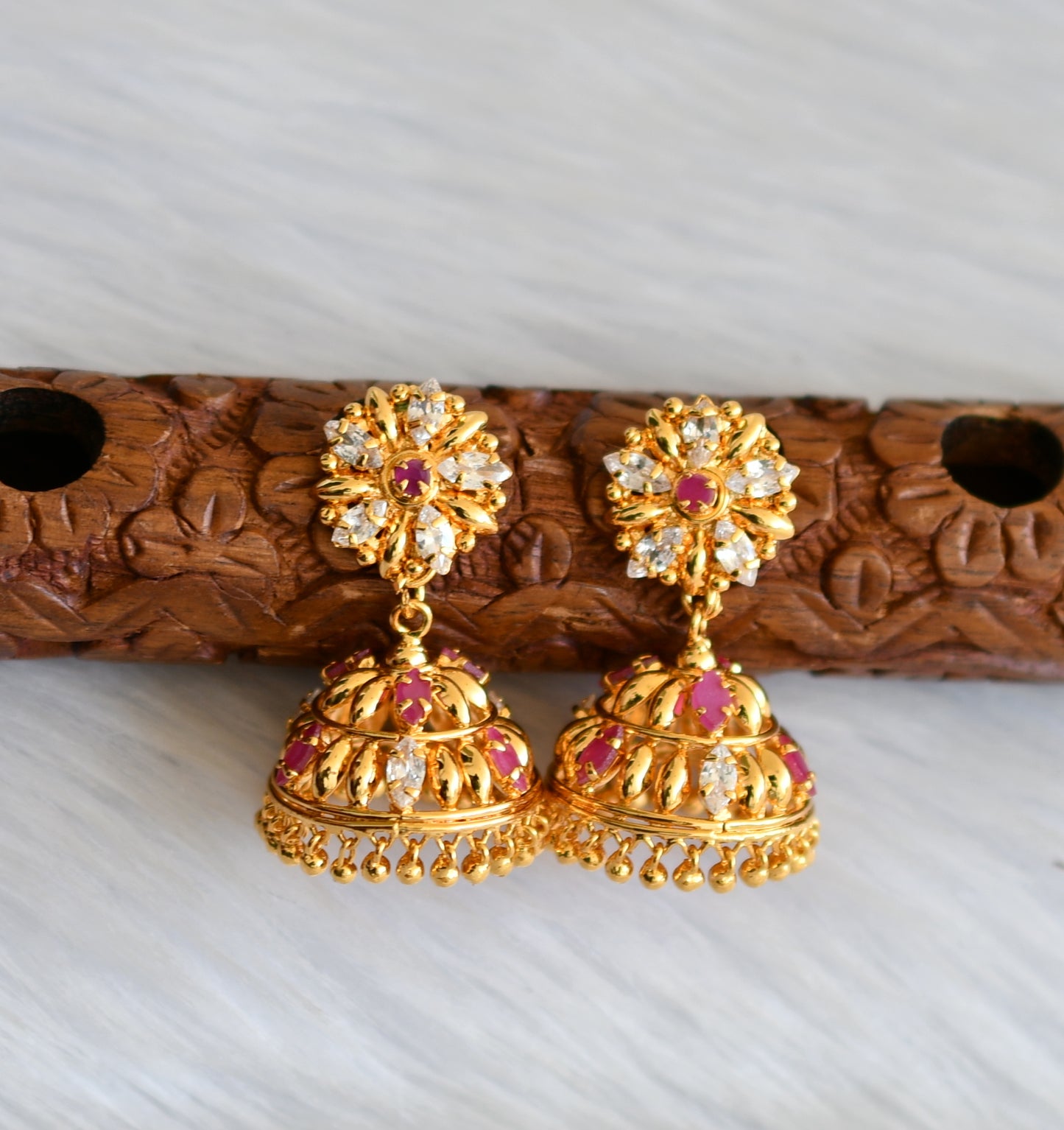 Gold tone ruby-white Kerala style jhumkka dj-40833