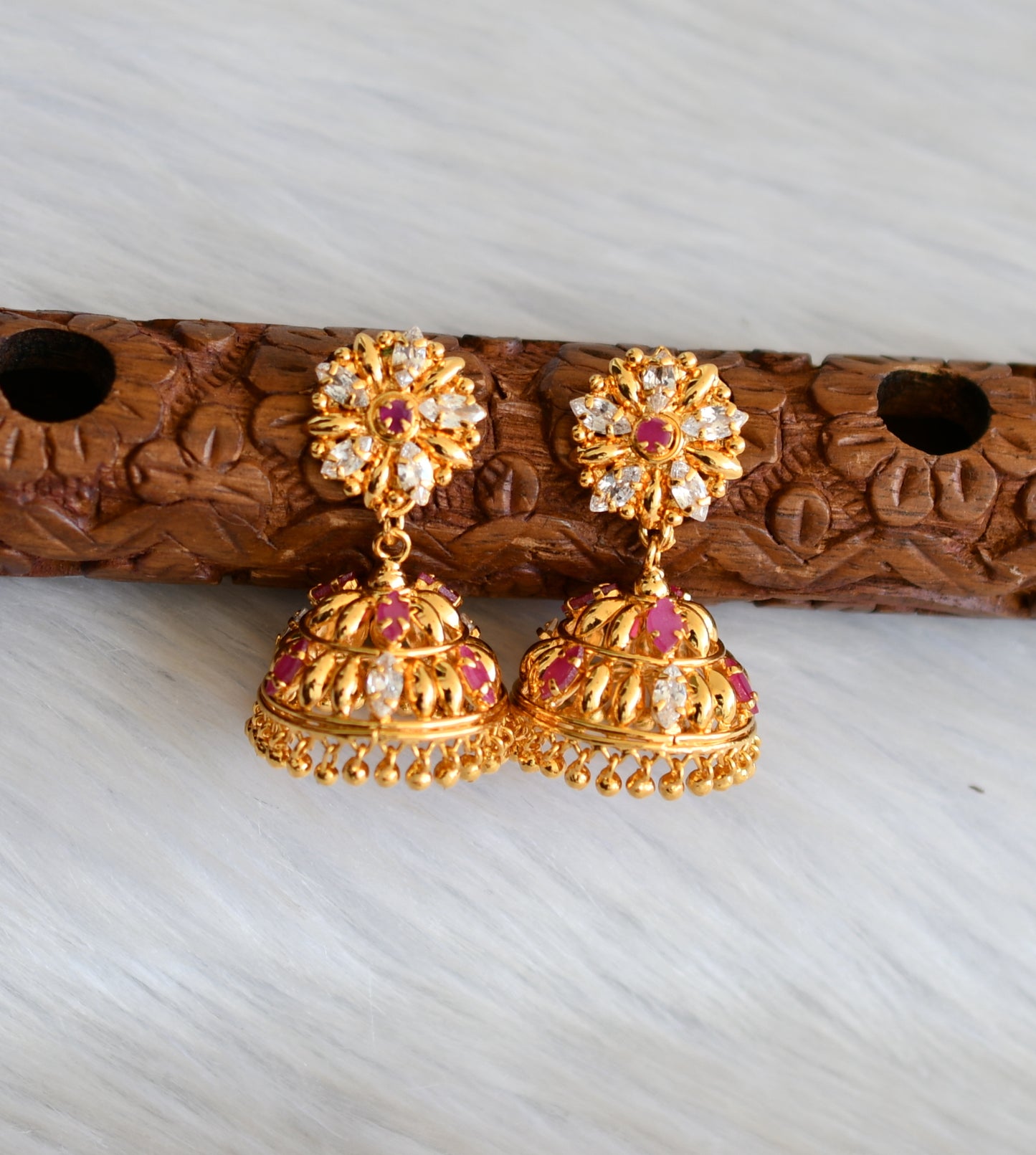 Gold tone ruby-white Kerala style jhumkka dj-40833