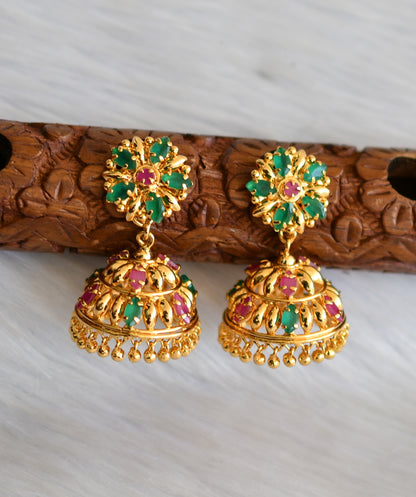 Gold tone ruby-green Kerala style jhumkka dj-40835