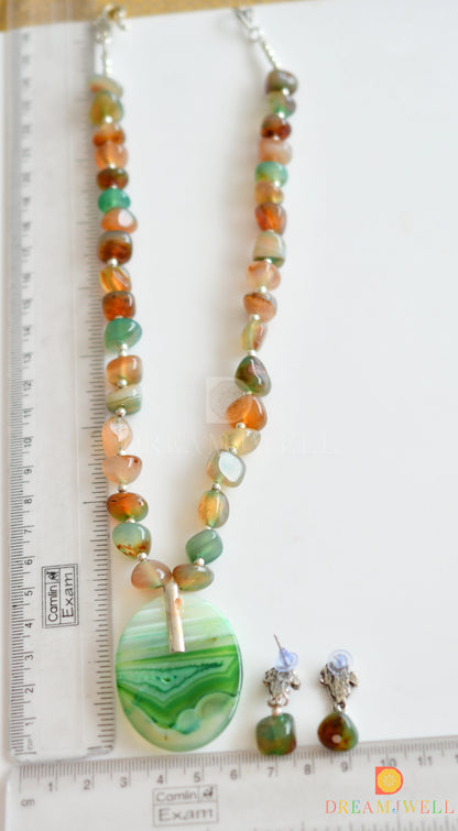 Silver tone sliced agate pendant with green-brown onyx beads necklace set dj-37175