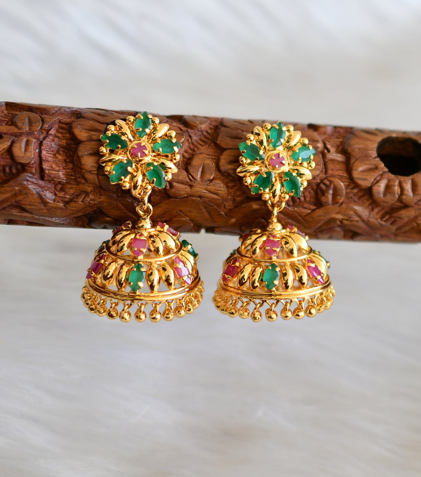 Gold tone ruby-green Kerala style jhumkka dj-40835