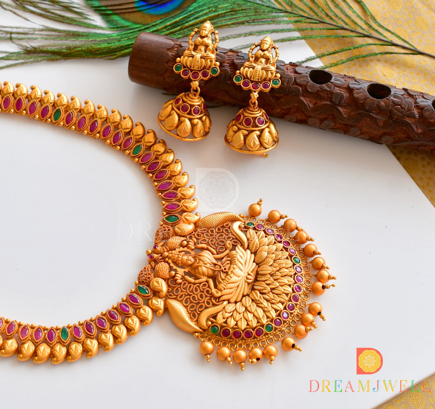 Matte Finish Ruby-emerald Lakshmi Haar Set -dj10372