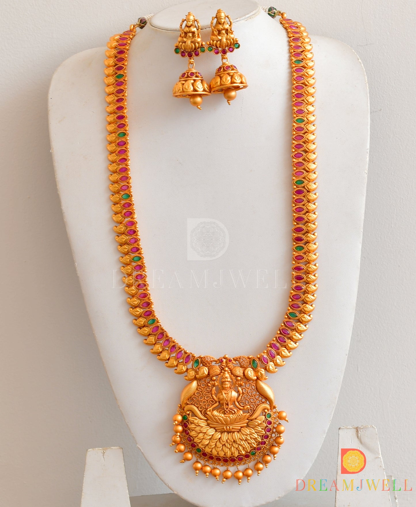 Matte Finish Ruby-emerald Lakshmi Haar Set -dj10372