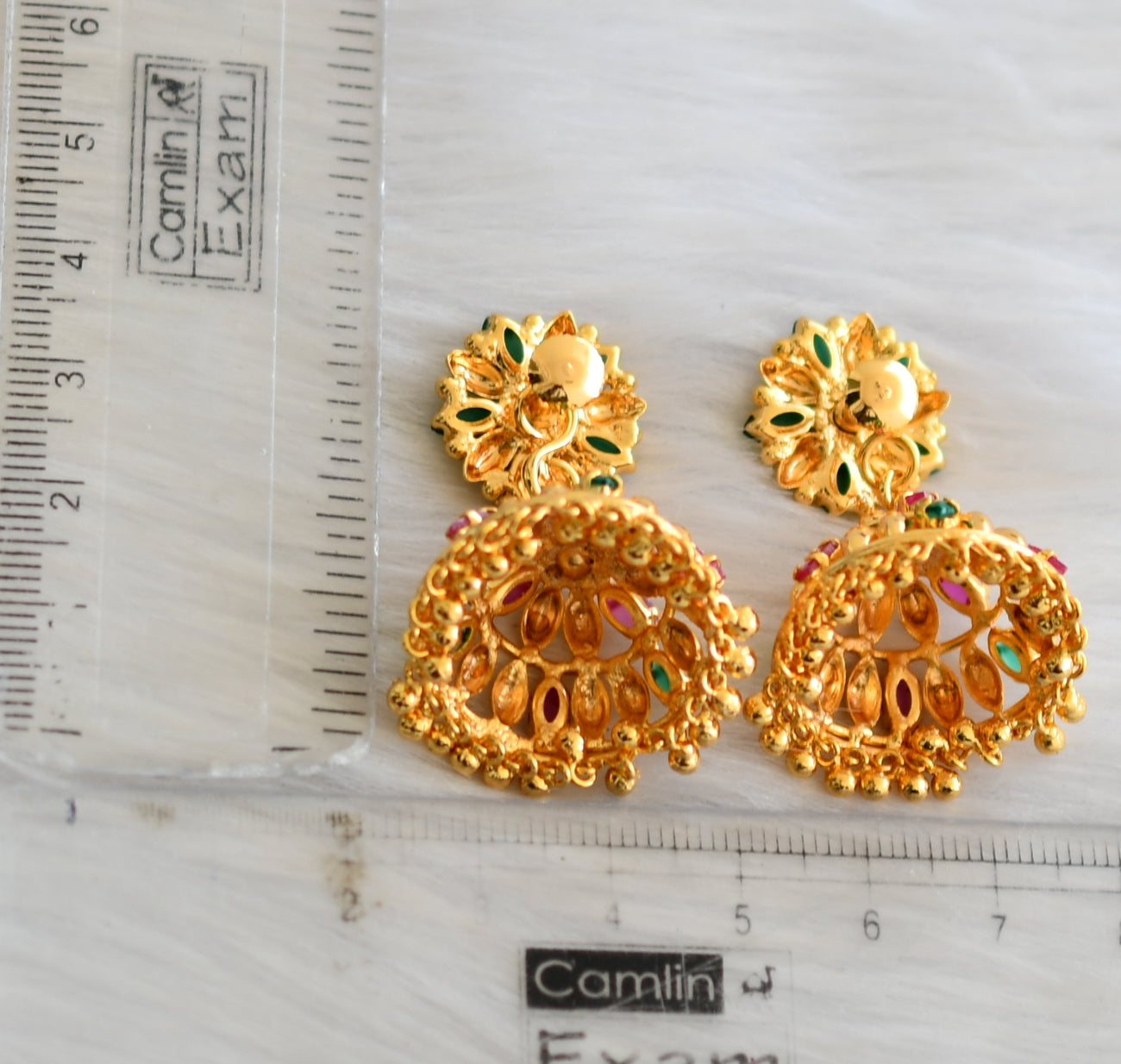 Gold tone ruby-green Kerala style jhumkka dj-40835