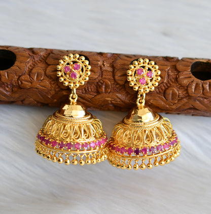 Gold tone pink stone Kerala style jhumkka dj-40837