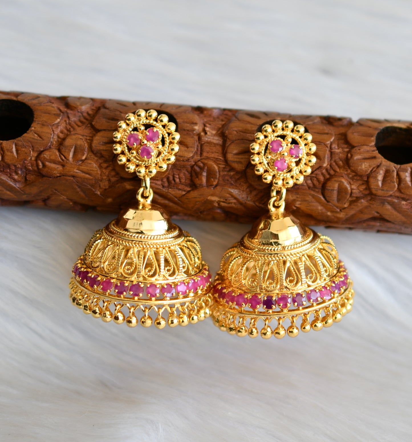 Gold tone pink stone Kerala style jhumkka dj-40837