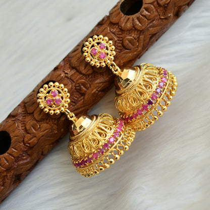 Gold tone pink stone Kerala style jhumkka dj-40837