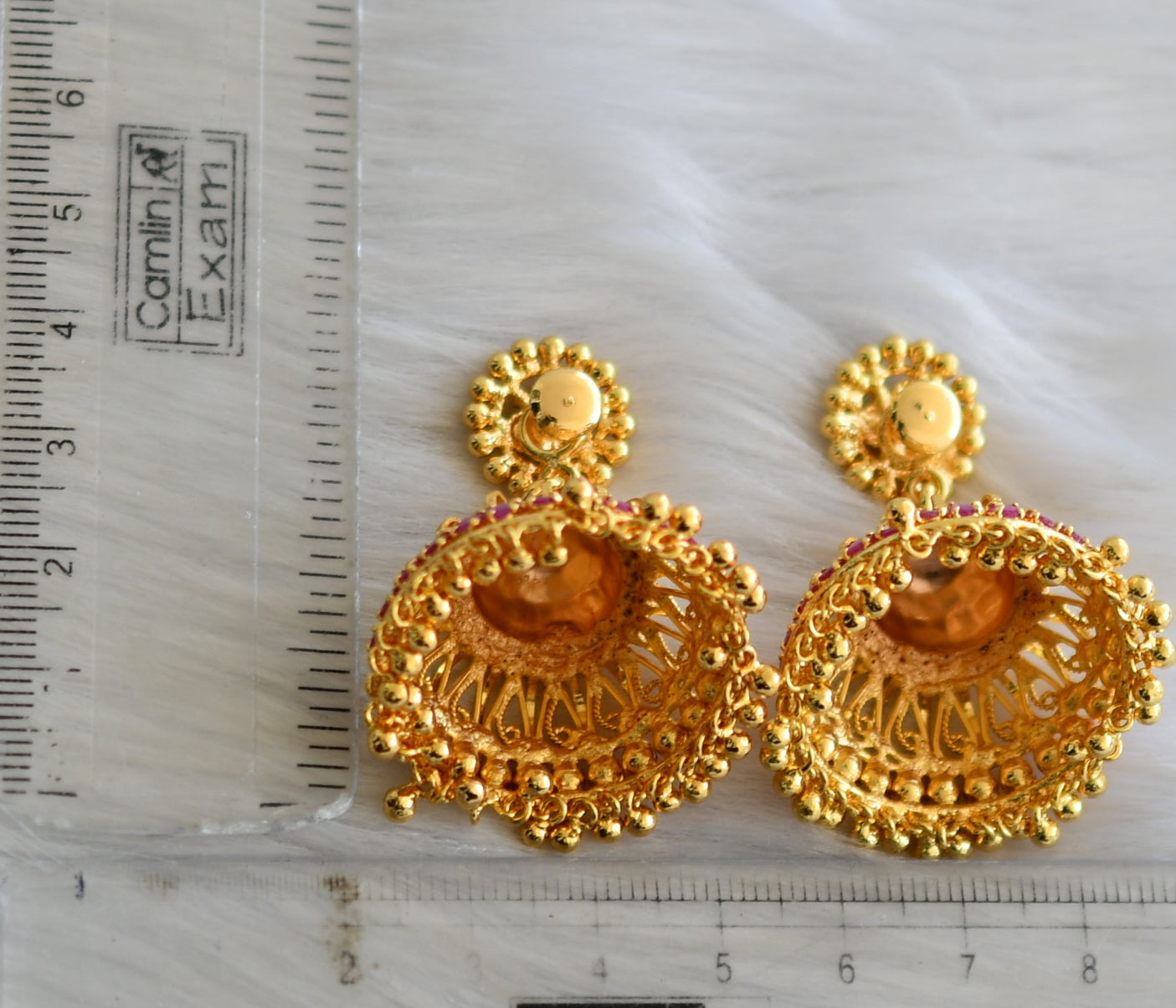 Gold tone pink stone Kerala style jhumkka dj-40837