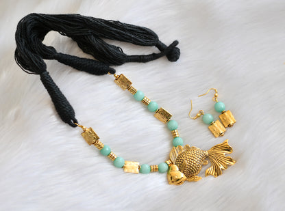 Gold tone handmade black-blue Fish necklace set dj-02511