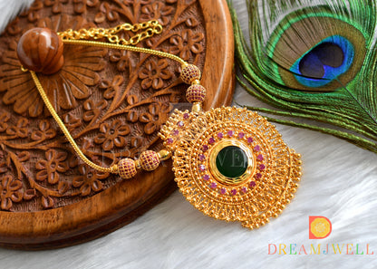 Gold tone pink-green round big pendant Kerala style necklace dj-37666