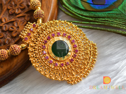 Gold tone pink-green round big pendant Kerala style necklace dj-37666