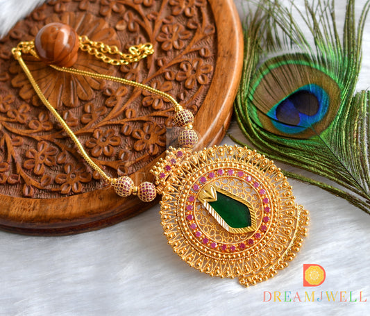 Gold tone pink-green Nagapadam Kerala round pendant necklace dj-37667