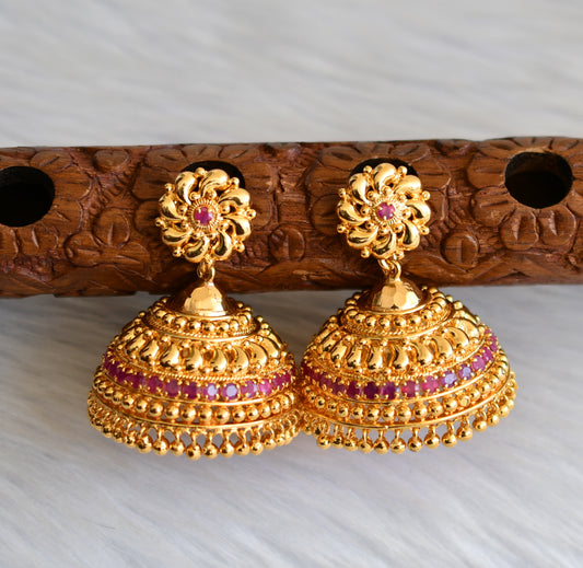 Gold tone pink stone Kerala style jhumkka dj-40841