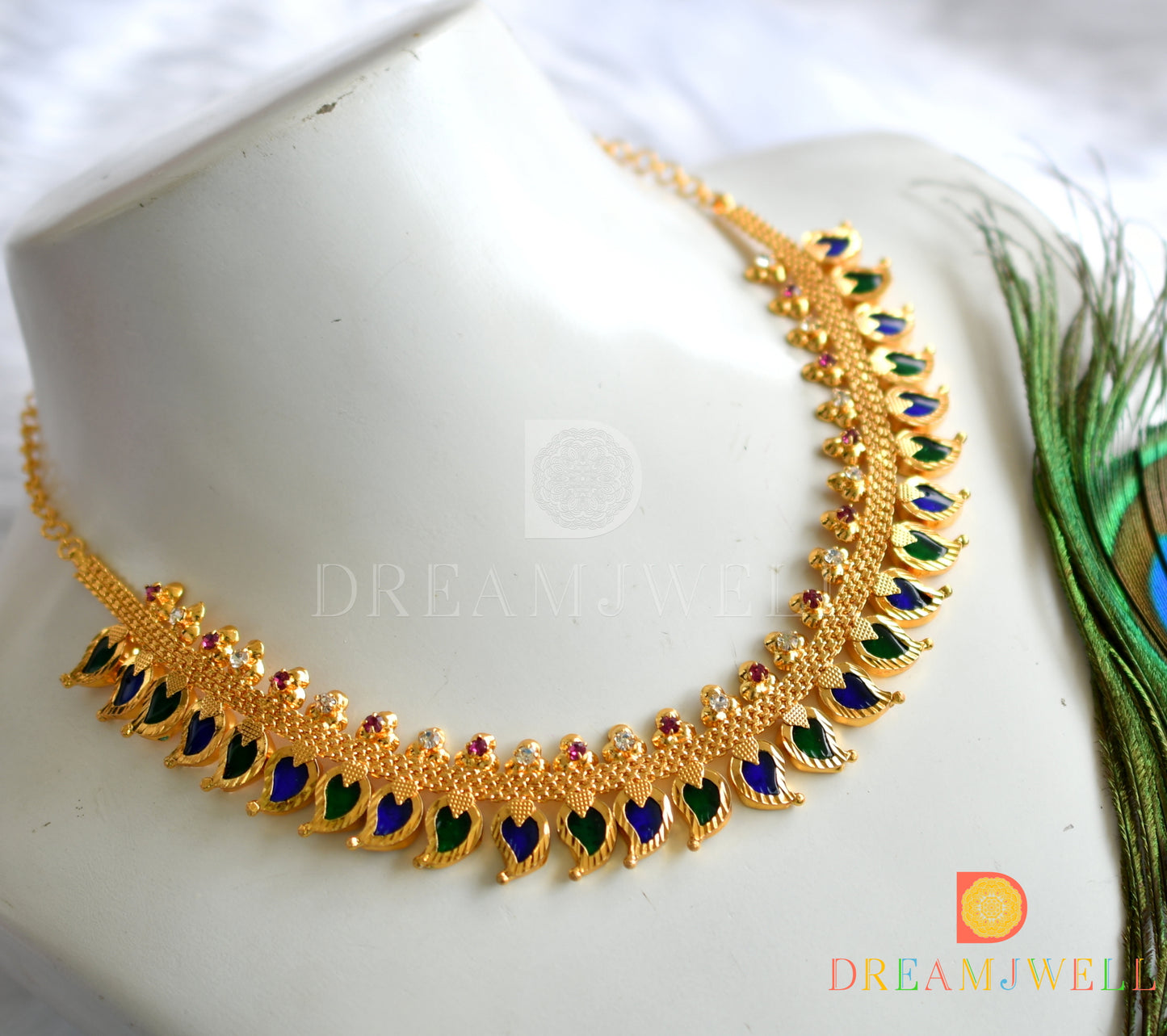 Gold tone pink-white stone mango blue-green Kerala style necklace dj-37664