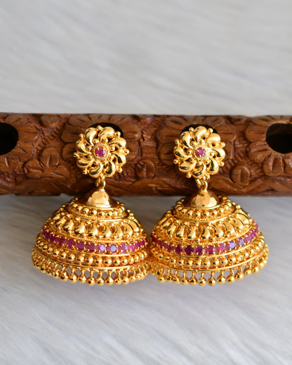 Gold tone pink stone Kerala style jhumkka dj-40841