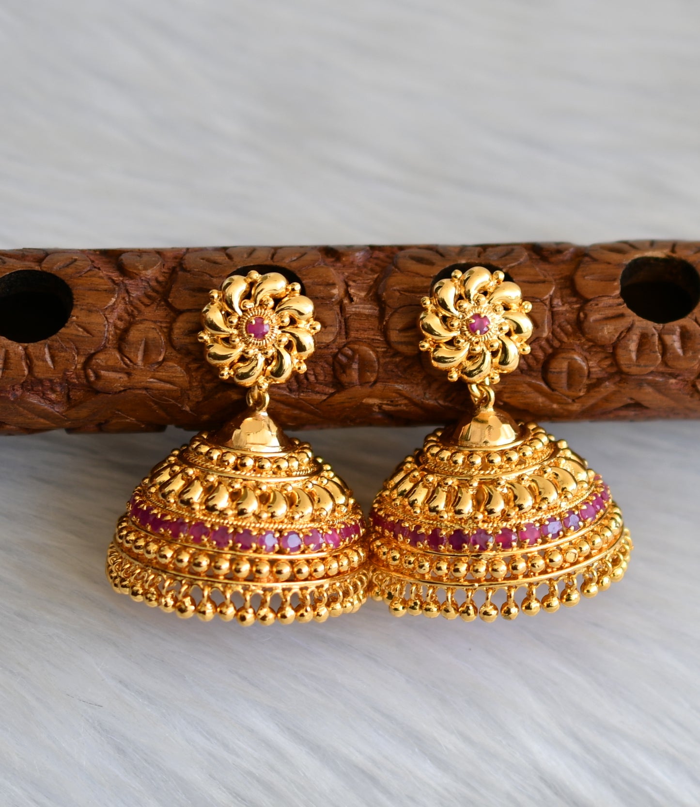 Gold tone pink stone Kerala style jhumkka dj-40841