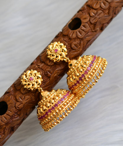 Gold tone pink stone Kerala style jhumkka dj-40841