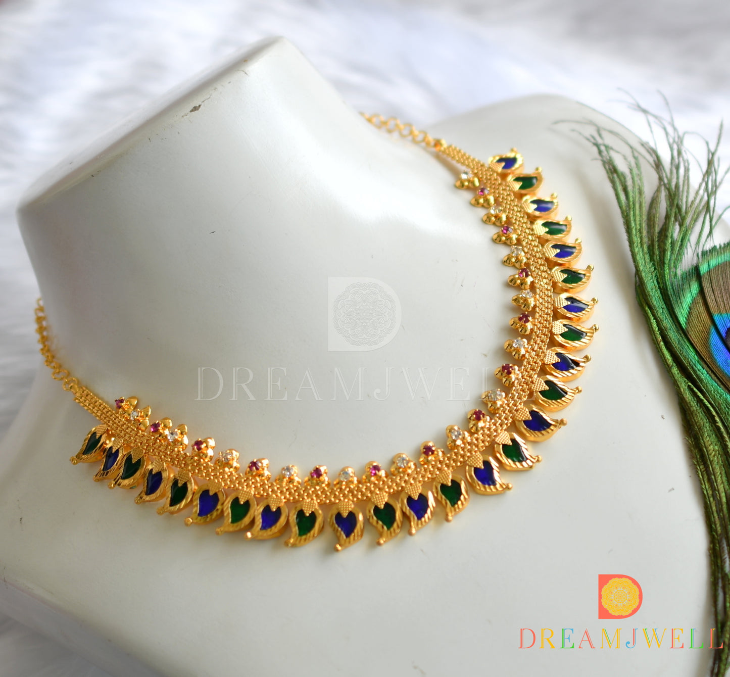 Gold tone pink-white stone mango blue-green Kerala style necklace dj-37664