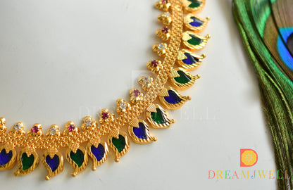 Gold tone pink-white stone mango blue-green Kerala style necklace dj-37664