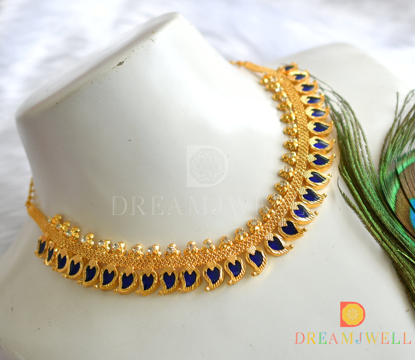 Gold tone white stone mango blue Kerala style necklace dj-37665