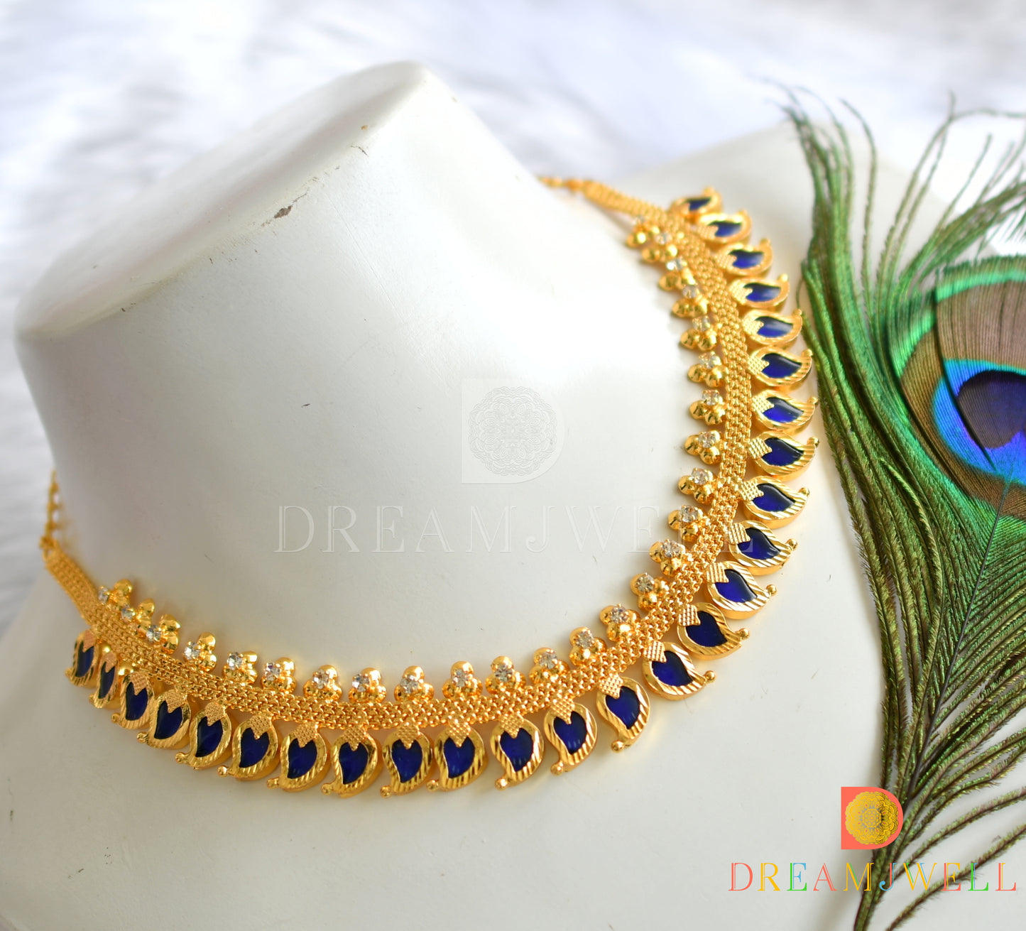 Gold tone white stone mango blue Kerala style necklace dj-37665