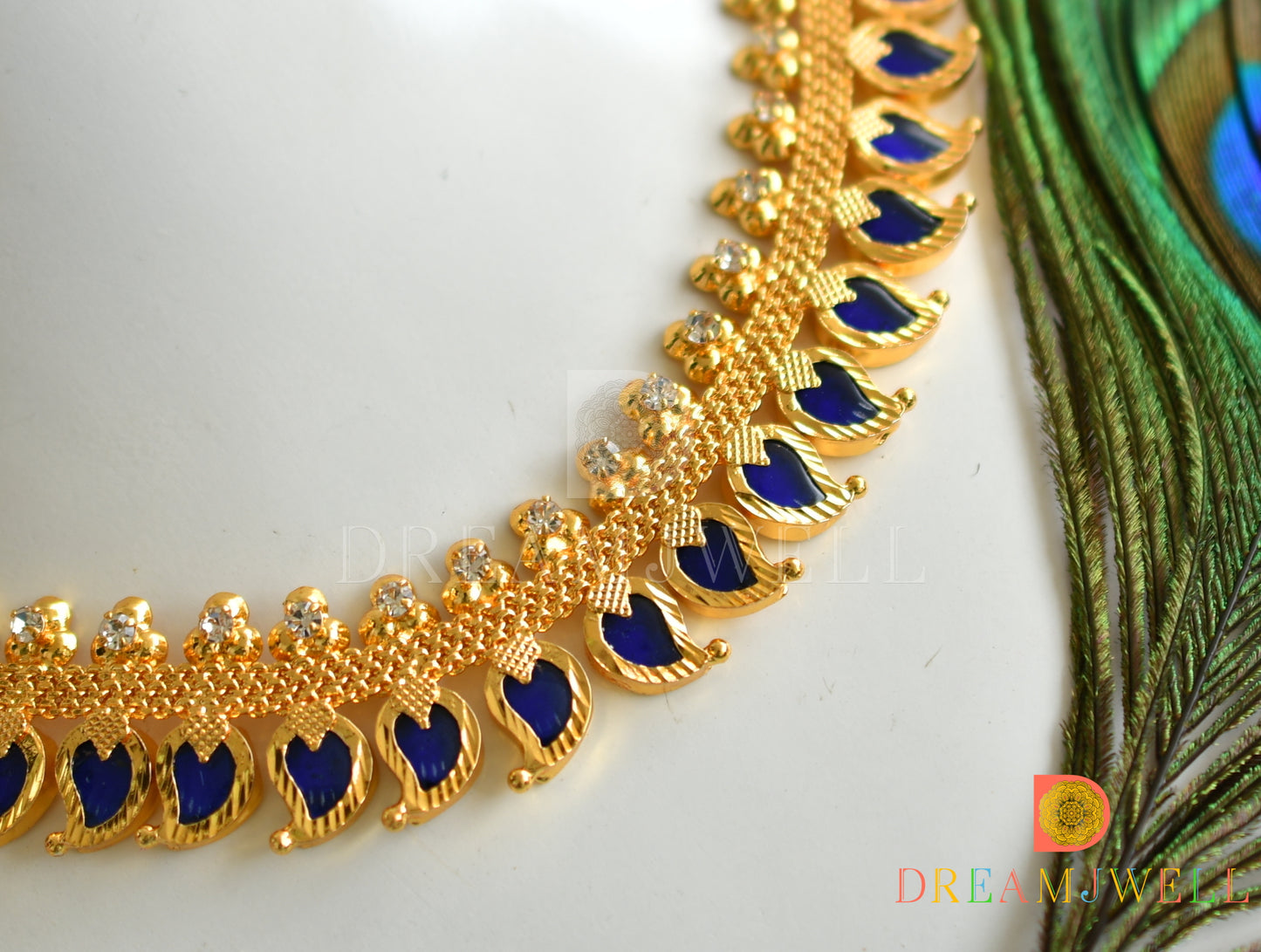 Gold tone white stone mango blue Kerala style necklace dj-37665