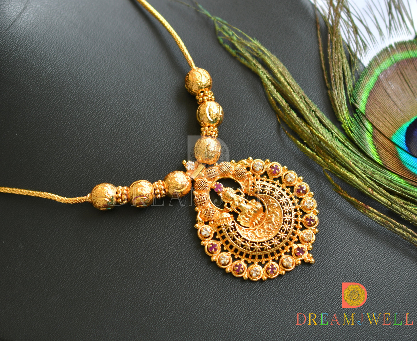 Gold tone pink-white stone Lakshmi necklace dj-37669