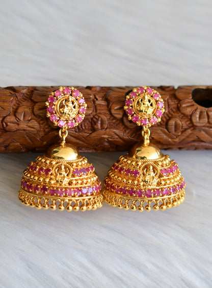 Gold tone pink stone Lakshmi Kerala style jhumkka dj-40843