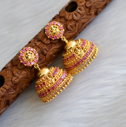 Gold tone pink stone Lakshmi Kerala style jhumkka dj-40843