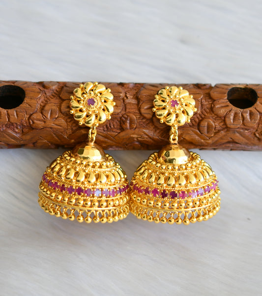 Gold tone pink stone Kerala style jhumkka dj-40844