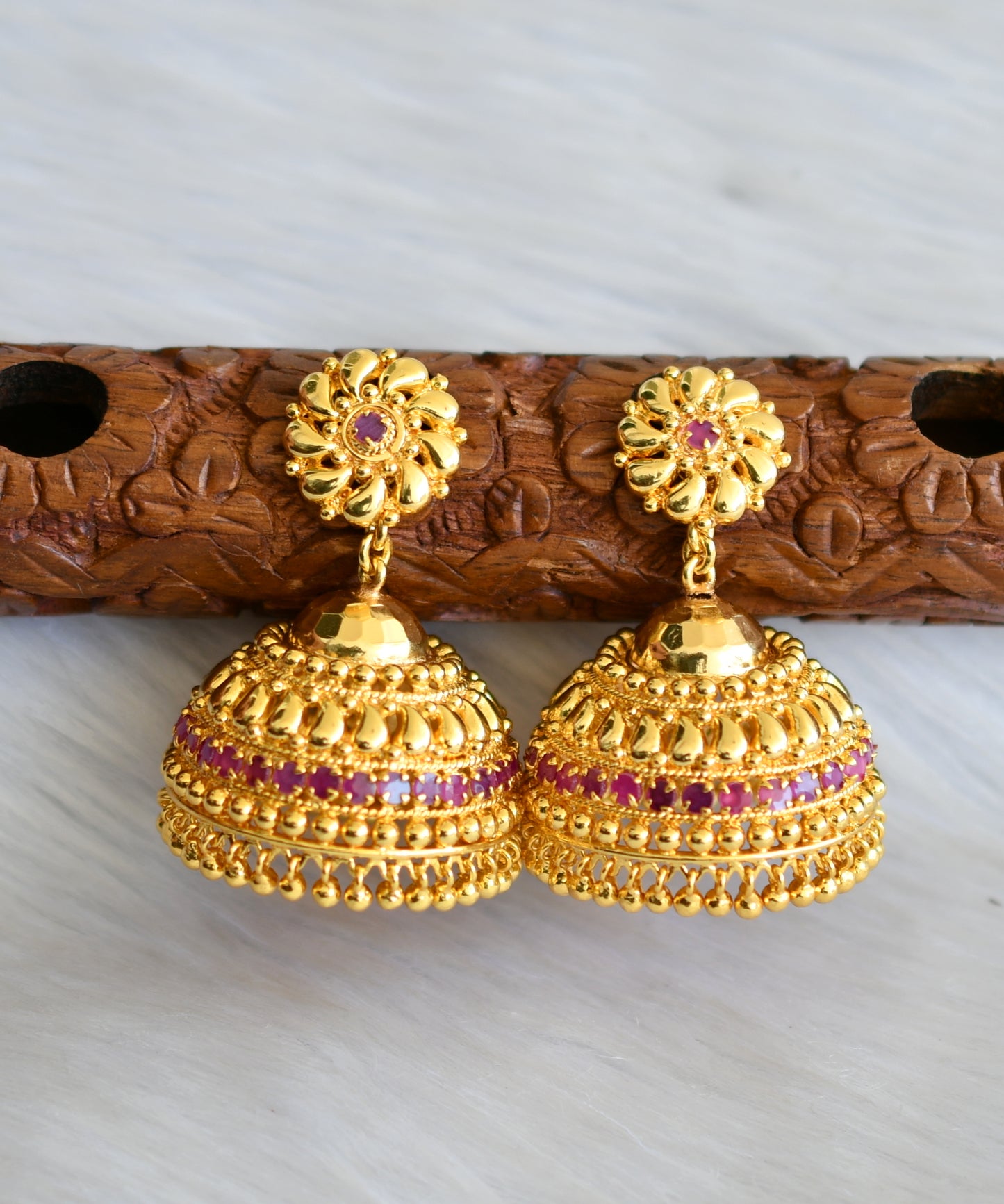 Gold tone pink stone Kerala style jhumkka dj-40844