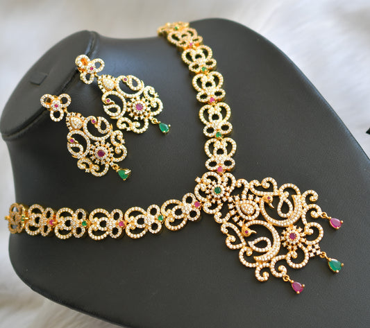 Gold tone cz-ruby-emerald-white Peacock bridal necklace set dj-02429