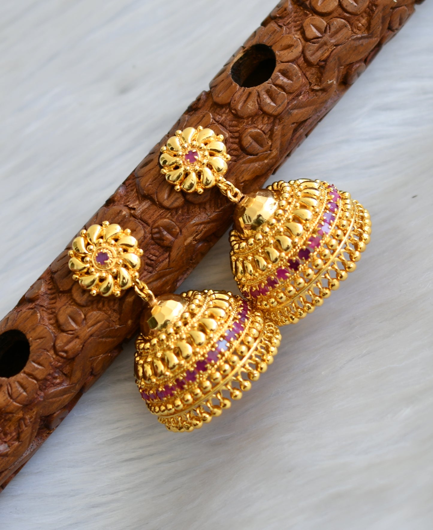 Gold tone pink stone Kerala style jhumkka dj-40844