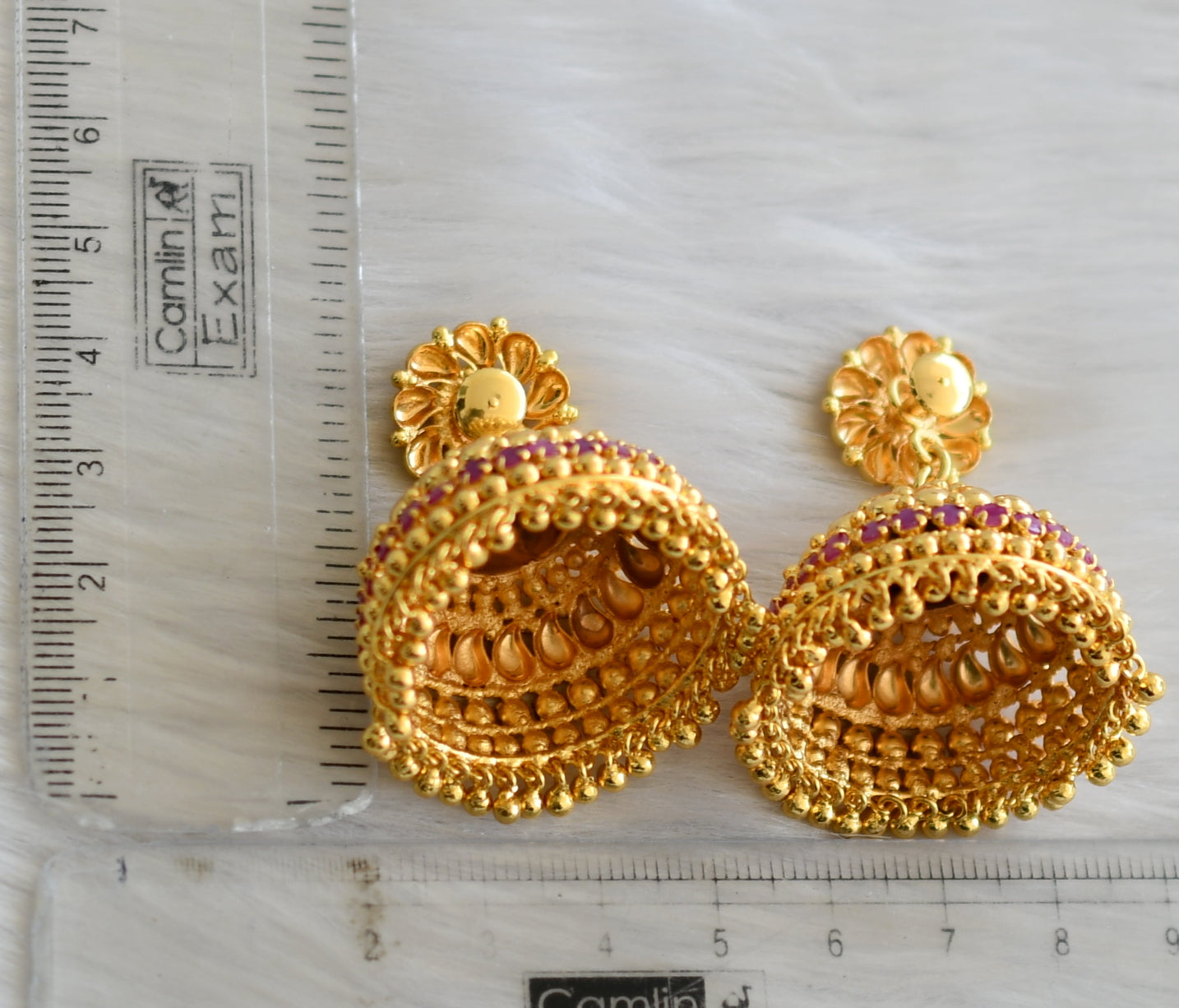 Gold tone pink stone Kerala style jhumkka dj-40844