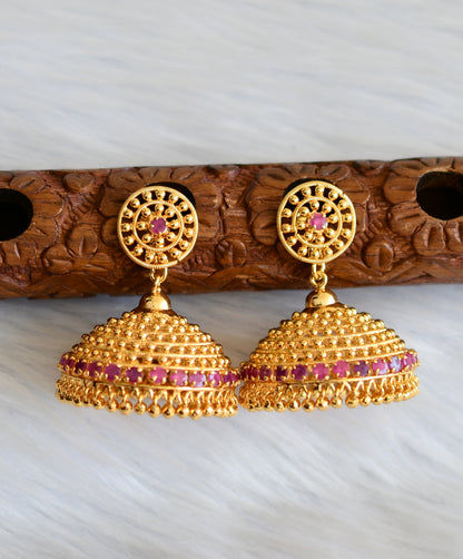 Gold tone pink stone Kerala style jhumkka dj-40845