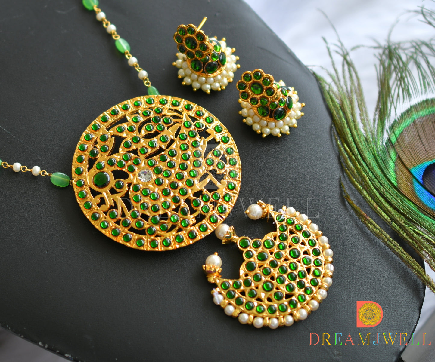 Gold tone green round and moon pendant hand made haar set dj-37695