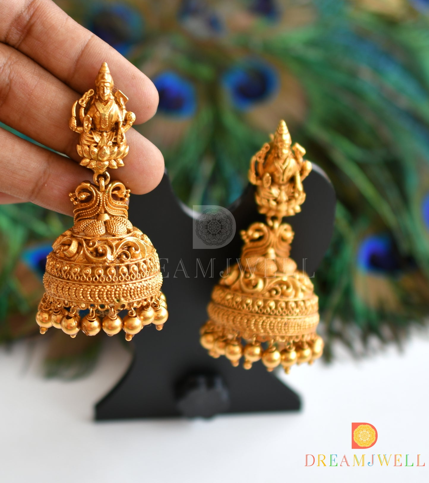 Antique gold tone Lakshmi temple jhumkka dj-14959