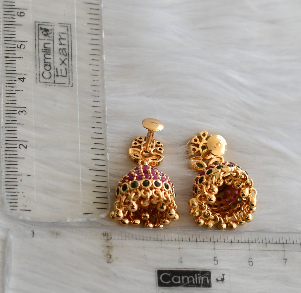 Gold tone ruby-green small jhumkka dj-40859