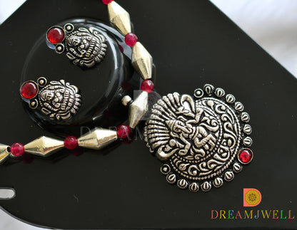 Silver tone ruby agates kolhapuri Ganesha pendant necklace set dj-38478