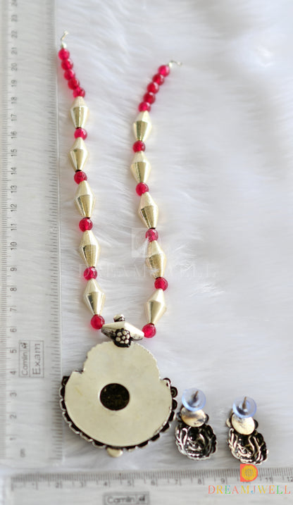 Silver tone ruby agates kolhapuri Ganesha pendant necklace set dj-38478