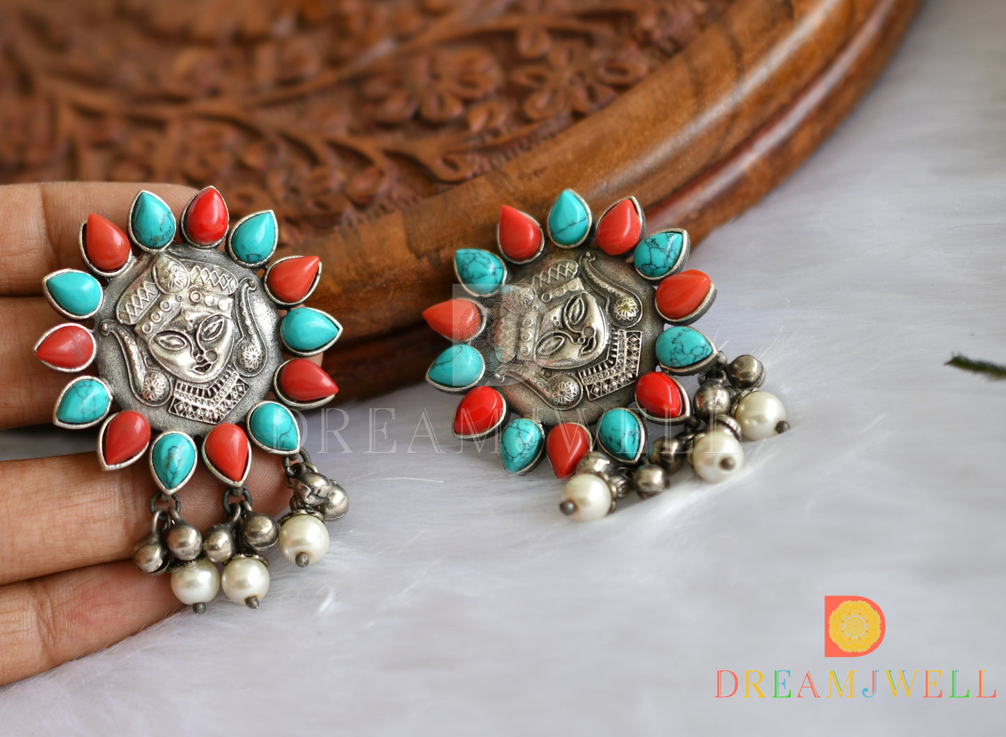 Silver look alike Ma-Durga Turquoise-red pearl haar set dj-38479