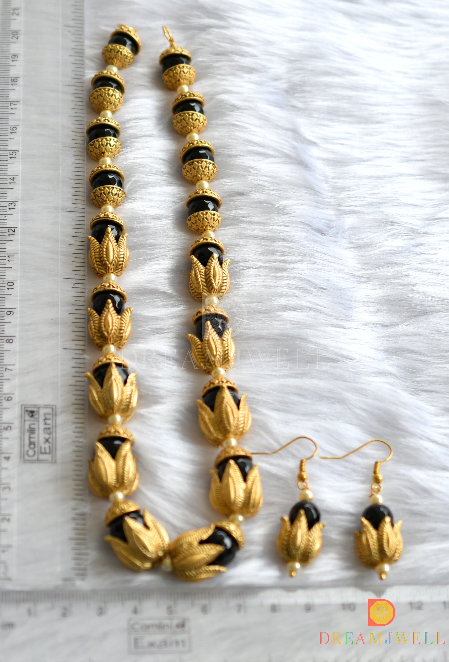 Matte Finish black agates Lotus beaded necklace set dj-37688