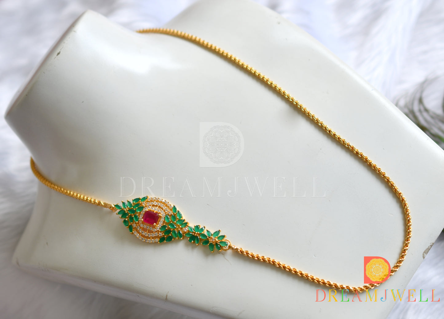 Gold tone cz ruby-white-emerald mugappu chain dj-37696