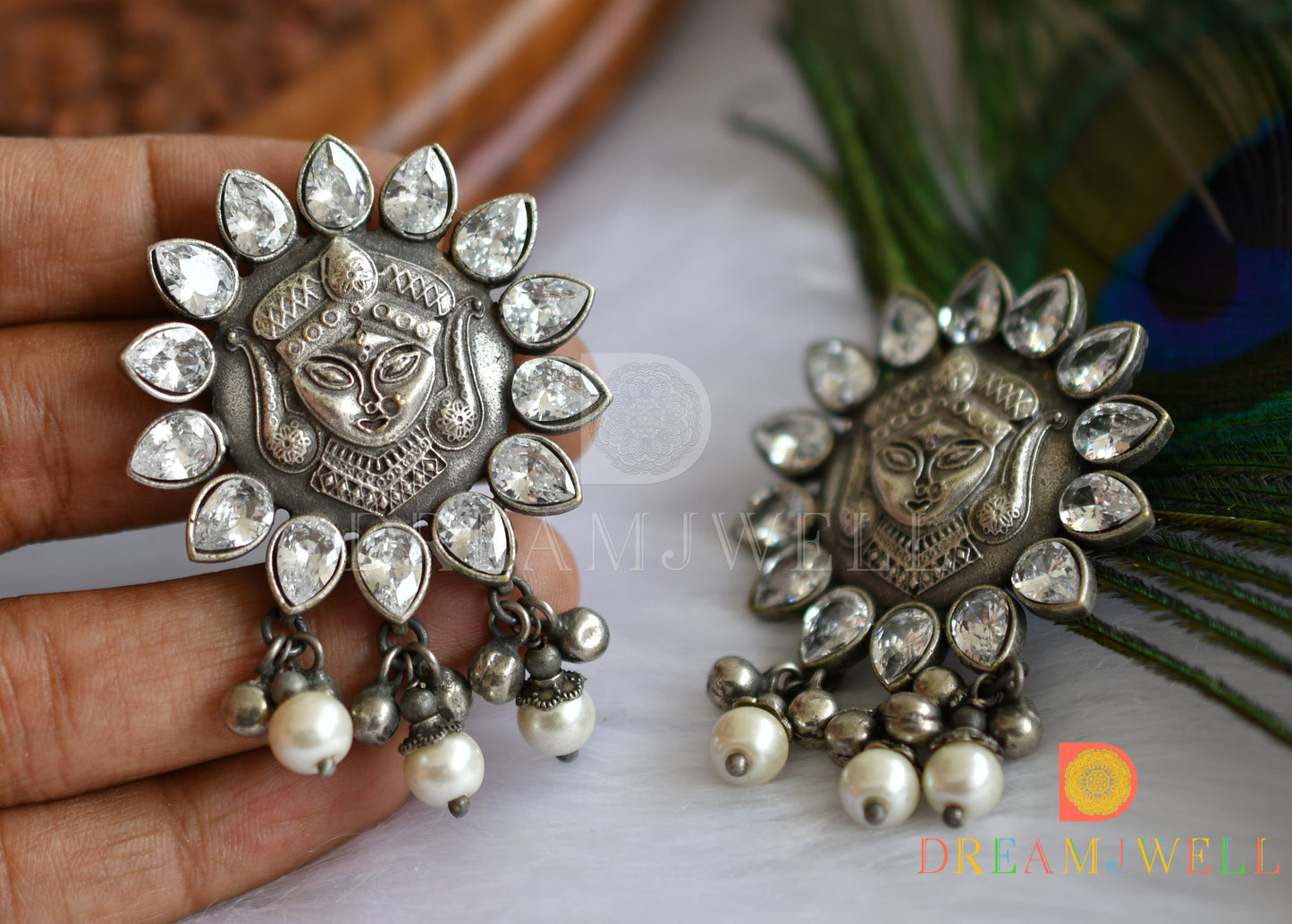 Silver look alike Ma-Durga white stone pearl haar set dj-38481